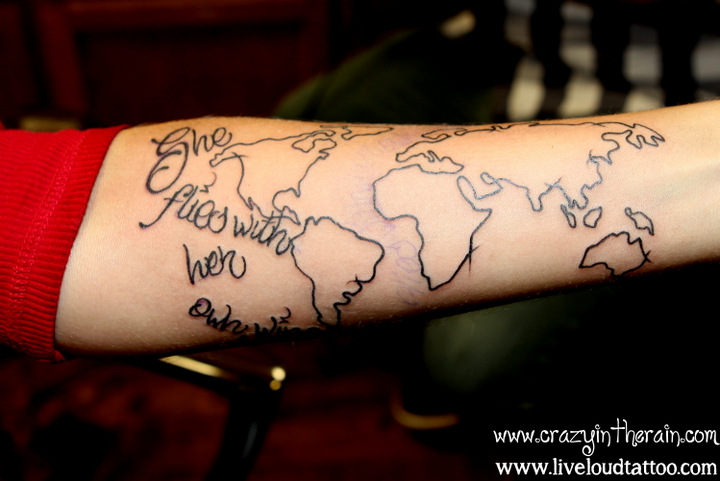 travel tattoo backpacking tattoo world map tattoo continents tattoo abstract tattoo painted tattoo she flies with her own wings black and white tattoo