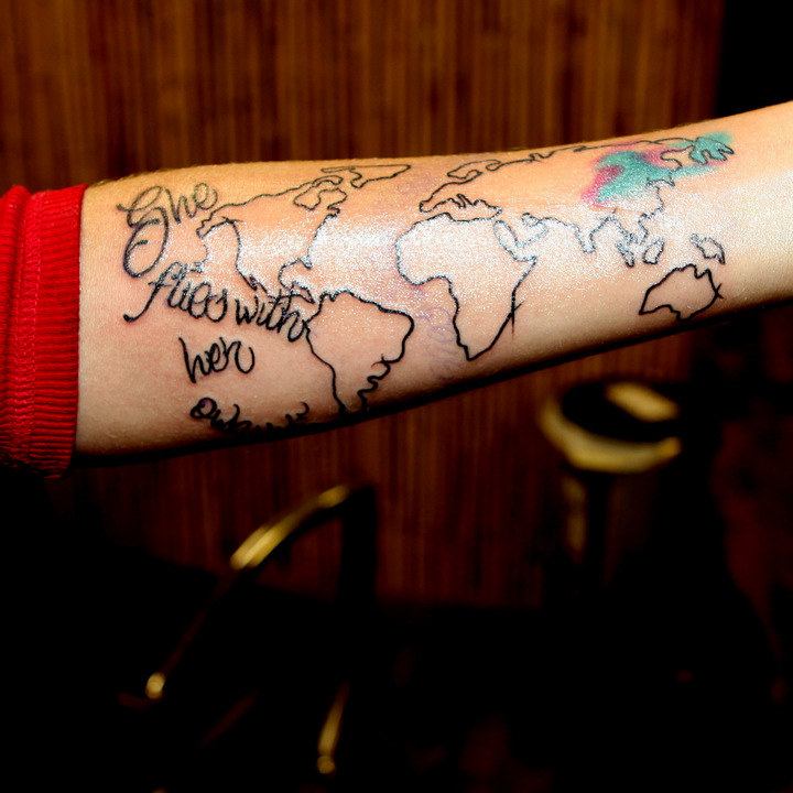 travel tattoo backpacking tattoo map tattoo continents tattoo abstract tattoo painted tattoo she flies with her own wings colorful tattoo