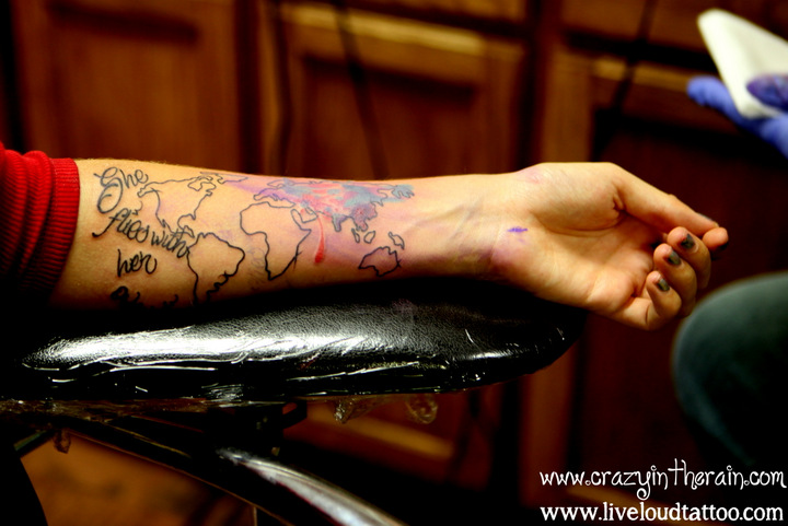 travel tattoo backpacking tattoo map tattoo continents tattoo abstract tattoo painted tattoo she flies with her own wings colorful tattoo