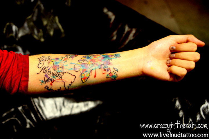 travel tattoo backpacking tattoo map tattoo continents tattoo abstract tattoo painted tattoo she flies with her own wings colorful tattoo